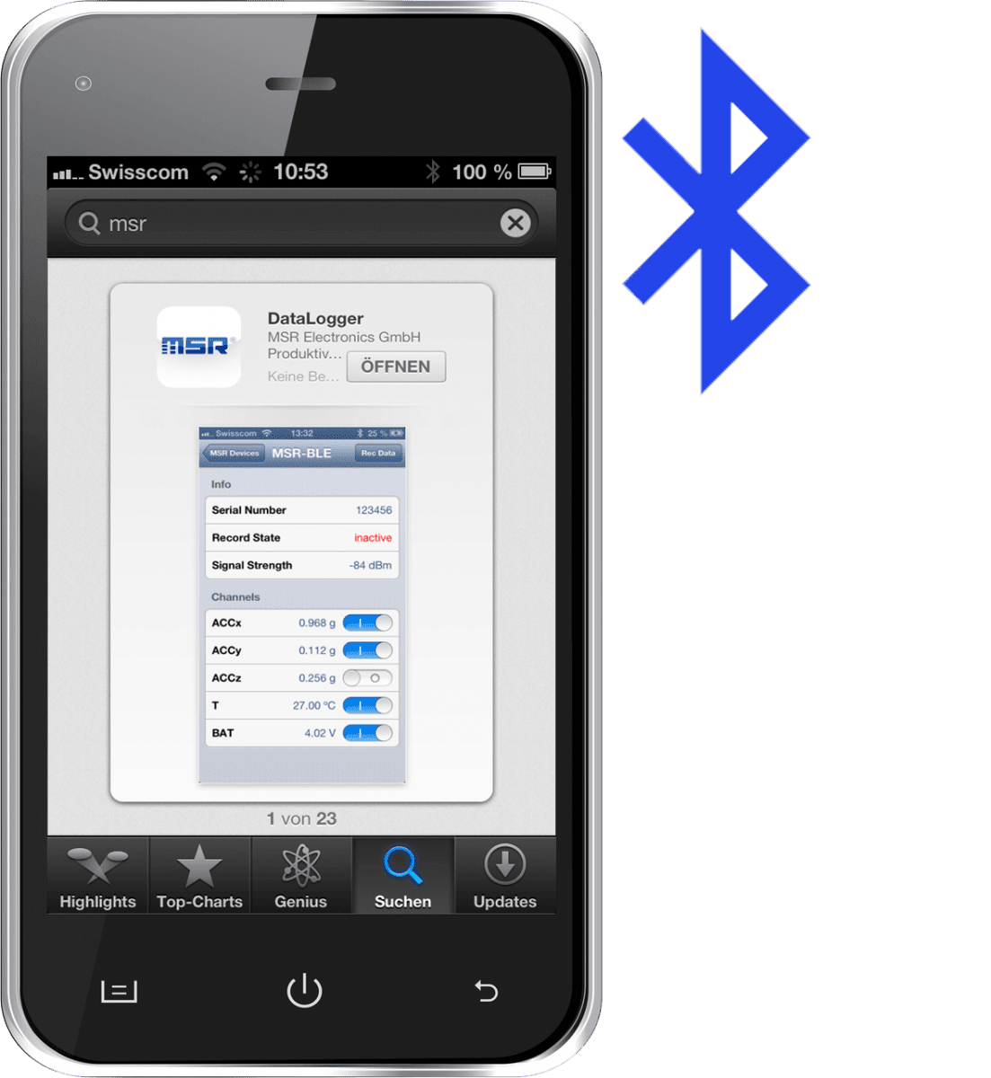 Smartphone mit Bluetoothzeichen und App von MSR